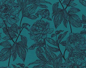Just Arrived!!  Anna Maria, Peony in Ocean, Dark Teal Blue, Indelible Collection, Northcott, Sold by the Half Yard