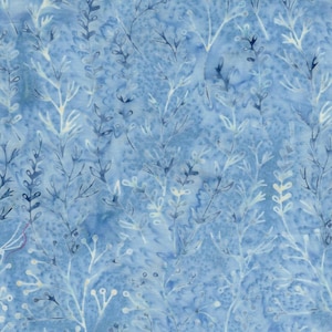 May include: A light blue fabric featuring a repeating pattern of delicate, white, vine-like botanical silhouettes. The background has a mottled, watercolor-style texture with varying shades of blue, creating a soft, layered appearance.