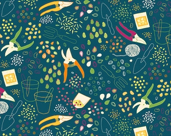 LAST 17.5”!! Sow in Teal, by Pippa Shaw for Figo Fabrics, Grow Collection, Gardening Fabric, RETIRED Collection