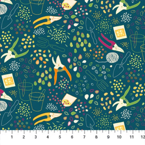 LAST 17.5”!! Sow in Teal, by Pippa Shaw for Figo Fabrics, Grow Collection, Gardening Fabric, RETIRED Collection