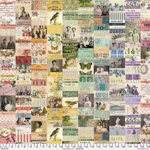 May include: A fabric print featuring a collage of vintage ephemera, including black and white photographs of people, botanical illustrations of birds and butterflies, floral patterns, handwritten script, and various ticket stubs and labels.