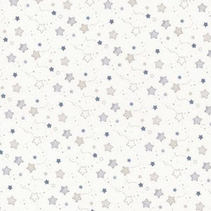 May include: White fabric with a repeating pattern of stars in various sizes and shades of blue and gray. Some stars are connected by dotted lines, creating a whimsical, celestial design. Ideal for baby bedding or nursery decor.