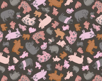 OOP!! Piggies in Dark Mud, Piggy Tales by Lewis & Irene Fabrics, Adorable Gray Pig Fabric, Sold by the Half Yard