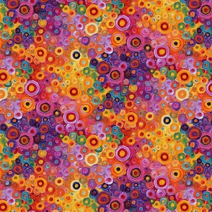 May include: A textile pattern featuring a dense arrangement of concentric circles in vibrant shades of red, orange, yellow, purple, pink, and teal. The design displays a textured, impasto-style application of paint with visible brushstrokes.