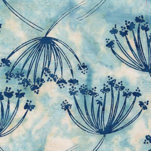 May include: A fabric featuring a repeating pattern of dark blue dandelion-like floral silhouettes printed over a light blue and white tie-dye style background. The design showcases delicate, thin lines forming rounded flower heads.