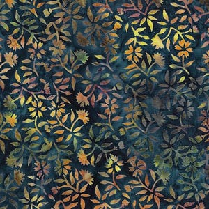 May include: A fabric with a dark teal background featuring a repeating pattern of stylized flowers and leaves. The floral elements are in shades of gold, orange, and green, creating a textured, batik-like appearance. The design is dense and intricate.