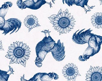 New!! QT Fabrics, Roosters & Sunflowers in Blue, Rule the Roost Collection, Quilting Treasures, Sold by the HALF Yard