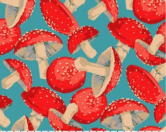 Free Spirit, Forage Collection, Toadstool Blue, Martha Negley, Mushroom Fabric, Sold by HALF Yard