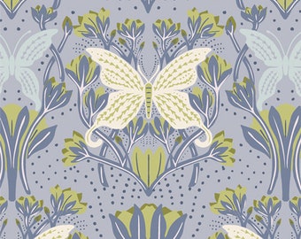 Fresh Linen, Butterfly Reflection in Dusk, Katie O'Shea, Periwinkle and Lime, Art Gallery Fabrics, OEKO-TEX, Sold by the Half Yard