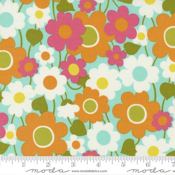 BY THE YARD!! Flower Power by Maureen McCormick, Brady Bunch Fabric, Blooming Blossoms Aqua