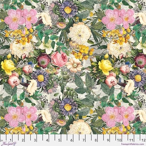 May include: A fabric pattern featuring a dense botanical arrangement of pink, yellow, white, and purple flowers with green leaves layered over a background of vintage-style black and white newspaper text, shown with a 12-inch ruler at the bottom.