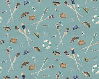 Wake at the Lake, Icons in Teal, Riley Blake, Camp Fishing Quilting Fabric, Sold by the HALF YARD