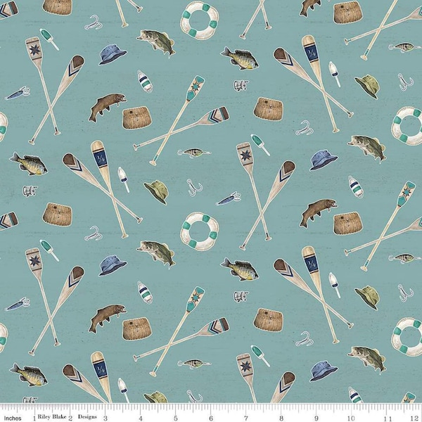 Wake at the Lake, Icons in Teal, Riley Blake, Camp Fishing Quilting Fabric, Sold by the HALF YARD