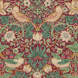 May include: A detailed pattern featuring birds, flowers, and foliage in shades of red, green, and cream. The design includes stylized birds perched among floral and leaf motifs, creating a vintage, botanical aesthetic. The overall look is reminiscent of classic wallpaper.