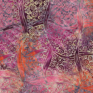 May include: A seamless pattern featuring a swirling design in shades of pink, orange, and purple. The pattern is reminiscent of batik fabric.