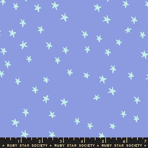 May include: A fabric with a light blue background and a pattern of scattered, light green stars. The stars are hand-drawn in a whimsical style. The text "RUBY STAR SOCIETY" is at the bottom.