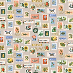 May include: A seamless pattern featuring a variety of vintage postage stamps with nature-inspired designs. The stamps feature butterflies, ladybugs, bees, flowers, and other insects. The stamps are in various colors, including red, blue, green, yellow, and orange. The background is a light beige color. The text on the stamps includes "Par Avion", "First Class Postage", "Mit Luftpost", and "Please Deliver To".