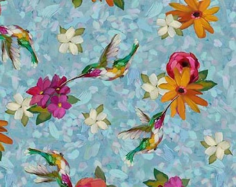 New!! QT Fabrics, Hummingbirds & Floral in French Blue, Fluttering Petals Collection, Quilting Treasures, Sold by the HALF Yard