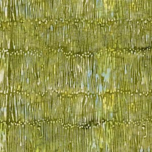 May include: A fabric with a batik pattern featuring vertical, elongated white and light blue lines against a textured olive green background. The design includes small, scattered white dots arranged in horizontal rows across the surface.