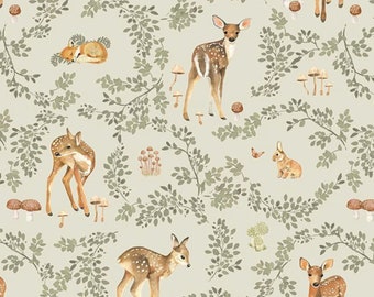 Seriously Doe Woodland Deer Fabric in Glade, Dear Stella, Deer Wreath Mushroom, Deer and Plant Fabric, 100% Cotton