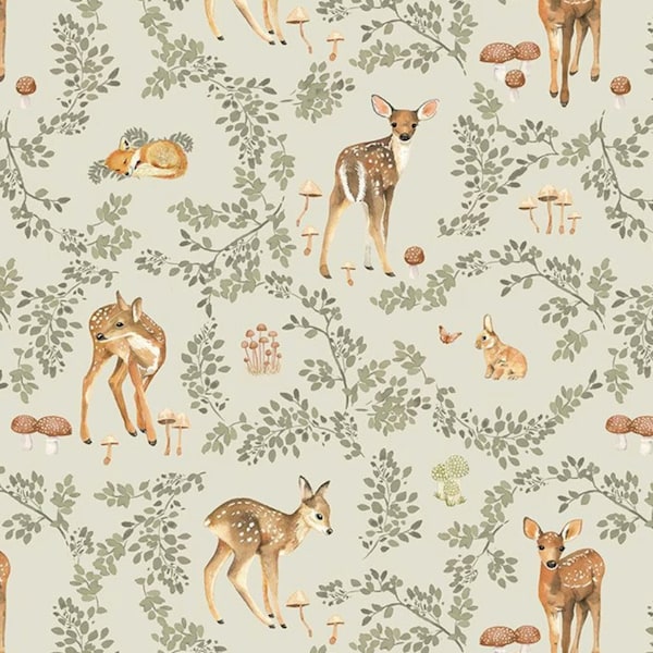 Seriously Doe Woodland Deer Fabric in Glade, Dear Stella, Deer Wreath Mushroom, Deer and Plant Fabric, 100% Cotton