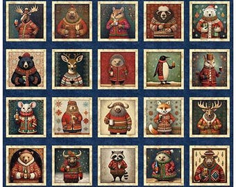 QT Fabrics, Christmas Party Animal Picture Patch in Navy, Horizontal Panel 44" x 36", Each Square = 7-1/2 x 7-3/4