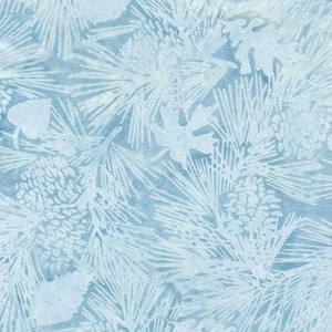 May include: A seamless pattern featuring white pine branches and cones on a light blue background. The design is reminiscent of a winter forest scene.