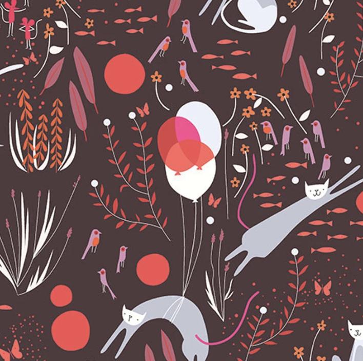 VHTF!! Catnap Cat Dream in Raisin, Lizzy House for Andover Fabrics, Quilting Cotton Fabric, A 7340 N, Sold by HALF Yard