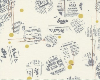 Newsprint Collage in Moonbeam with Mustard accent, Celestial by Zen Chic, Moda Fabrics, Sold by the Half Yard