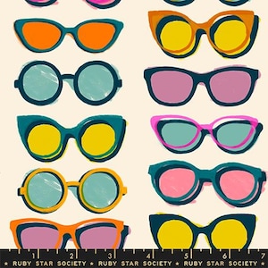 May include: A pattern of colorful sunglasses in various shapes and styles. The sunglasses feature a range of colors, including orange, blue, yellow, pink, and teal. The text "RUBY STAR SOCIETY" is at the bottom.