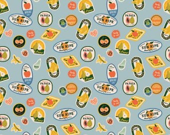 Rifle Paper Co, Orchard, Fruit Stickers in Light Blue Multi, Sold by the HALF Yard
