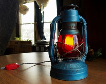 Blue Dietz Little Wizard Lantern Table Lamp - 1930s Vintage Repurposed Accent Light - Red Glass Shade
