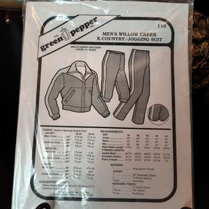 May include: A sewing pattern envelope for The Green Pepper Inc. 116 Willow Creek X-Country/Jogging Suit. The white paper insert features black line drawings of a jacket and pants, along with printed fabric requirements, size charts, and notions lists.
