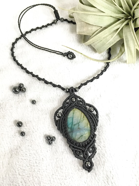 Labradorite stone necklace black macrame pendant