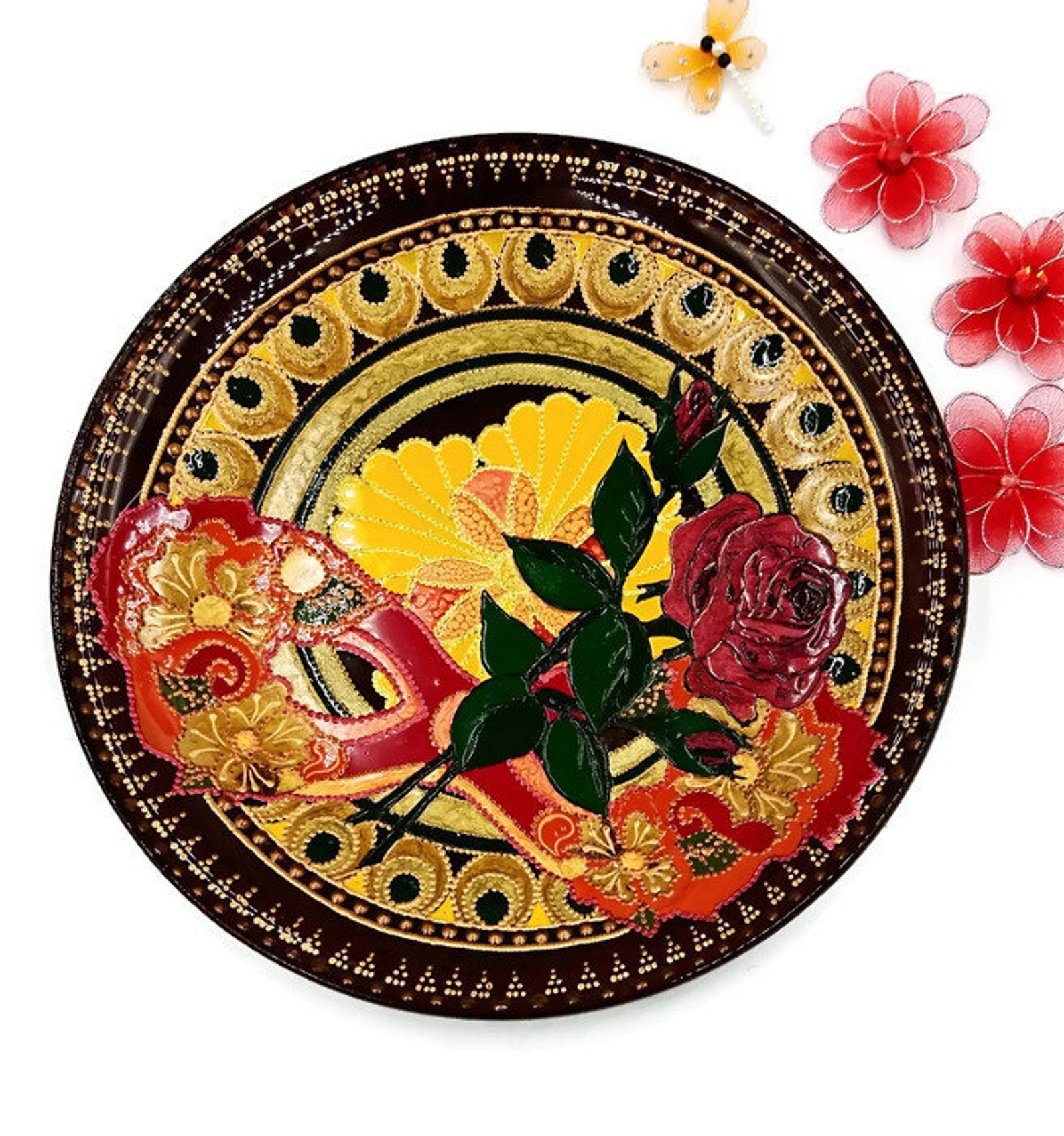 Decorative Glass Wall Plates for Hanging With Red Mask and Etsy