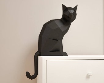 3D Paper craft Cat, DIY sculpture sitting cat, Papercrafting, Low Poly animals pet, paper model, 3D puzzle origami, instant download kit pdf