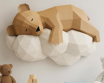 PDF Papercraft Bear on a cloud, Paper Craft 3D origami kit, 3D Papercraft animal, DIY paper model, Papercraft template, low poly pepakura A4