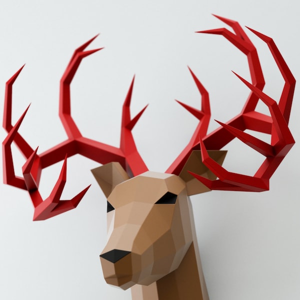 Cerf en papier, trophée animal en papier, kit de sculpture d'intérieur 3D, projet d'idée d'artisanat, orignal, cornes, lettre A4/US, modèle de fichier PDF numérique