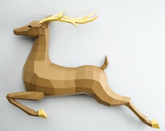 3D Papercraft Deer, Paper craft model stag, origami caribou, DIY kit doe, low poly hind, polygonal moose, roe trophy, animal template PDF