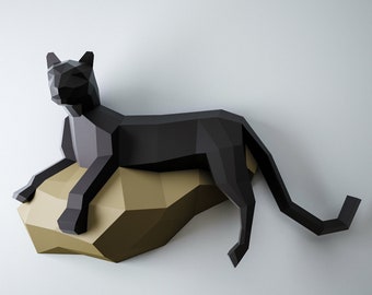 Papercraft Panther, 3D Papiermodell Katze, PDF Muster, Katze, Tier Trophäe, Leopard Pepakura kit