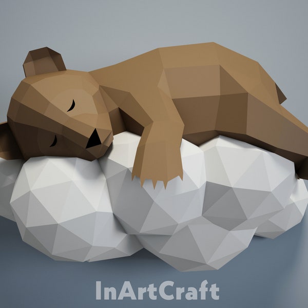PDF Papercraft Bear on a cloud, Paper Craft 3D origami kit, 3D Papercraft animal, DIY paper model, Papercraft template, low poly pepakura A4
