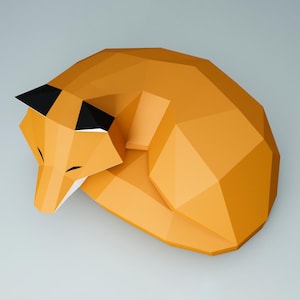 Zorro de papel, animal de papel durmiendo, patrón de origami DIY, rompecabezas 3D de perro, proyecto de cartón, archivo PDF digital formato A4 / USletter, hazlo tú mismo