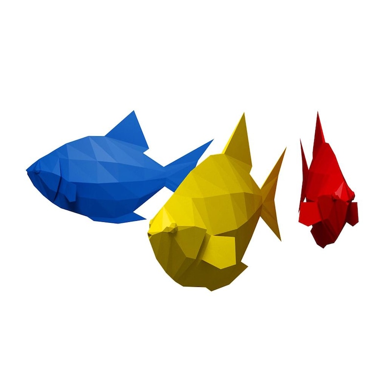 May include: Three origami fish, one blue, one yellow, and one red, are arranged in a row. The fish are made of paper and have a geometric design.