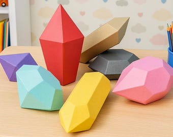 Papercraft Gems, Paper craft Jewel, Crystal PDF template, Stones 3D model, geometric Figures, Low poly Gemstone, origami digital kit, A4
