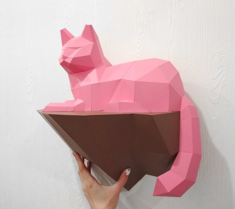 Papperspyssel Katt på en sten, Väggkonstruktion, 3D-papperspysselskulptur, Pappersmodell Katt, DIY-dekorationspresent, PDF-mönster, Djurtrofé, Pepakura bild 7