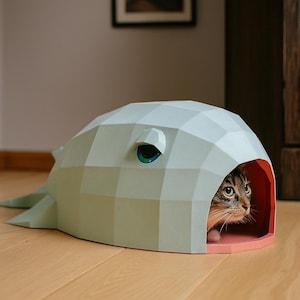 DIY Paper Cat House &quot;Whale&quot;, Papercraft 3D cat cave, do it yourself cat home, how to make paper craft model, pdf pepakura low poly template