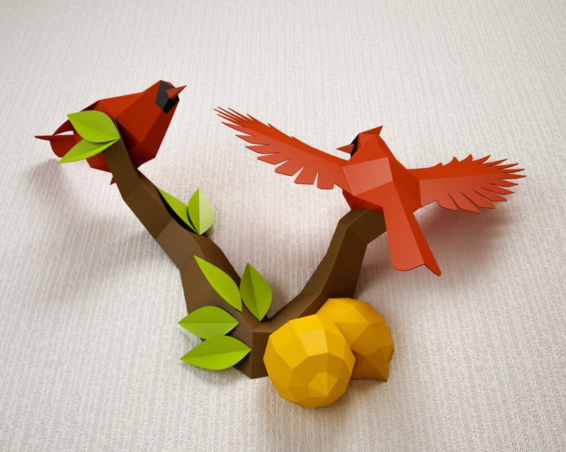 Papercraft Birds on a Branch With Lemons, Northern Cardinal Low Poly ...