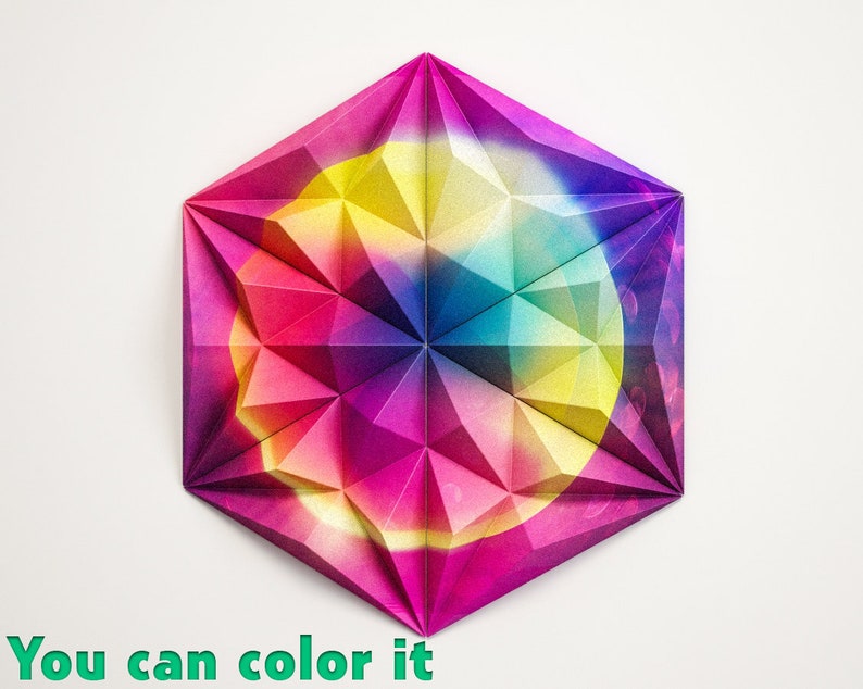 Może przedstawiać: Kolorowa geometryczna rzeźba origami w schemacie kolor&oacute;w r&oacute;żowego, ż&oacute;łtego, niebieskiego i fioletowego. Rzeźba jest wykonana ze złożonego papieru i ma wz&oacute;r gwiazdy.