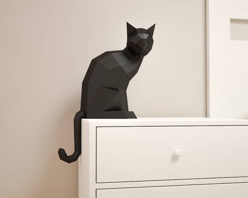 Gato de papel 3D, escultura DIY de gato sentado, manualidades de papel, animales de baja poligonización, modelo de papel, rompecabezas de origami 3D, kit de descarga instantánea en PDF imagen 4