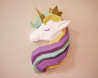 Papercraft Princess Unicorn, PDF template for girls room, Children&#39;s room decor, DIY gift for daughter, cute paper model, paper craft 3D kit